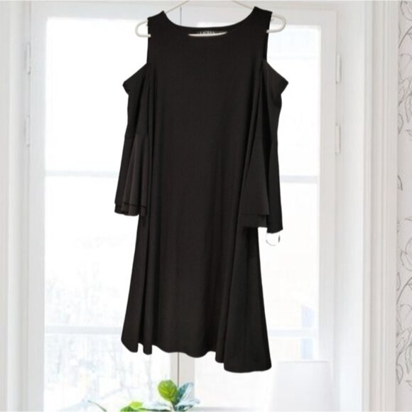 RALPH LAUREN Black Cold Shoulder Flowy Bell Sleeve Dress- Size 12 - Picture 11 of 15
